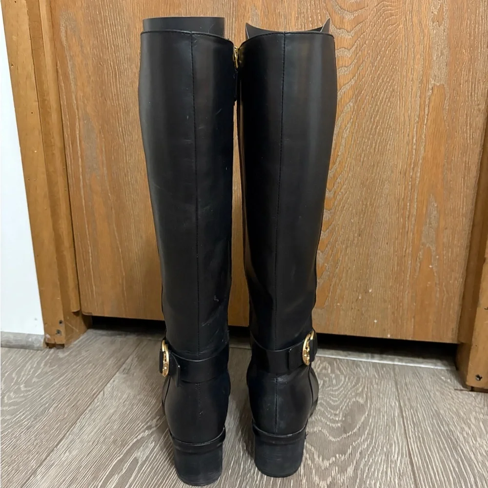 Tory Burch Black Leather Heeled Boots with Gold Accent